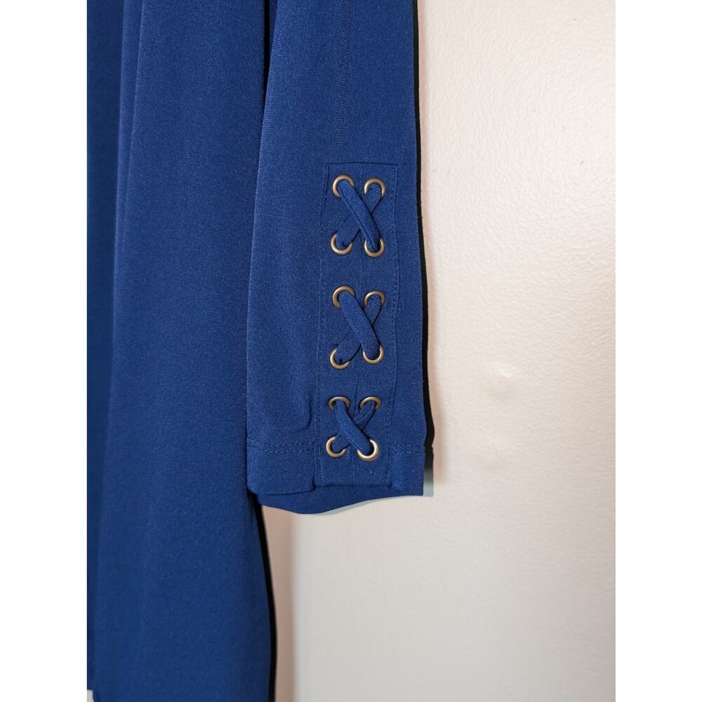 Susan Graver Navy Liquid Knit Cardigan with Sleeve Accents Nautical Spring - Picture 3 of 9